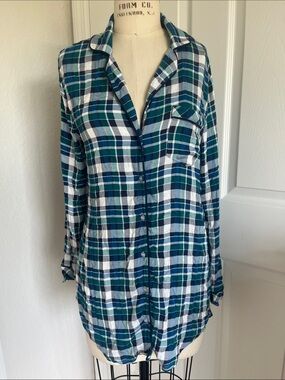 Splendid Blue Green and White Plaid Button-Up Pajama Shirt Dress Cabin Core Cozy